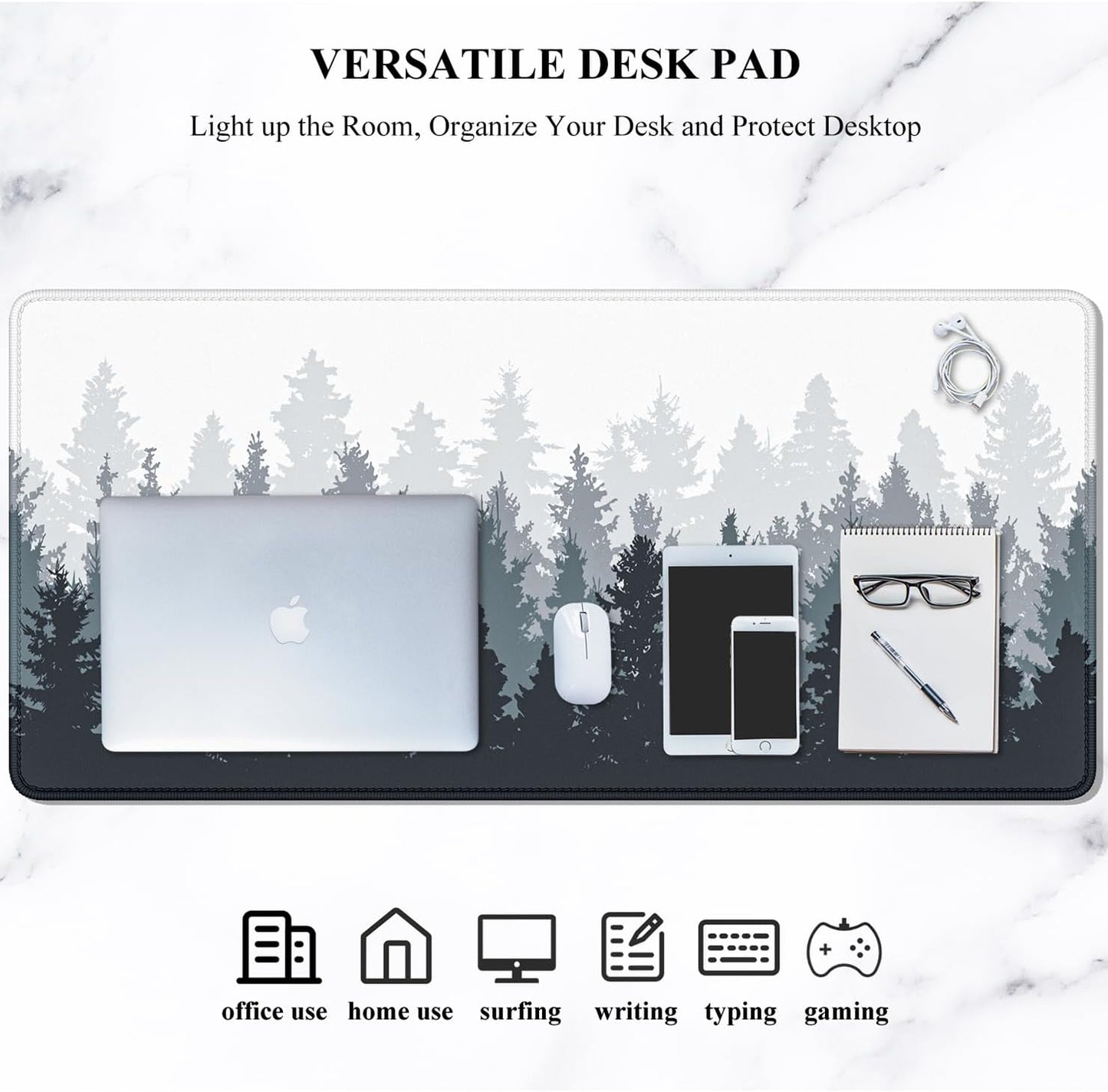 Large Gaming Mouse Pad, Forest Theme XXL 35.4 X 15.7 in Desk Pad Stitched Non-Slip Rubber Long Computer Mousepad Thin Extended Full Size Desk Mat for Desktop, Laptop, Wireless Mice, White
