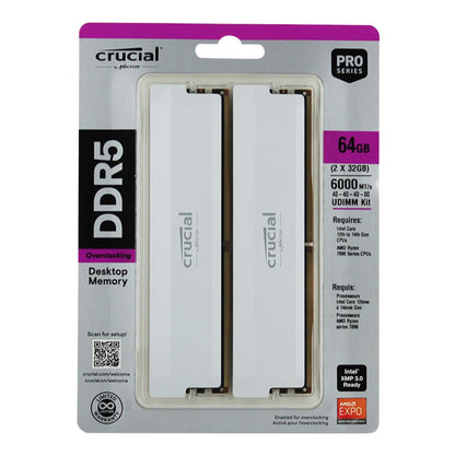 Crucial Pro 64GB (2x32GB) DDR5-6000 Desktop Memory Kit CL40 Dual Channel - White | CP2K32G60C40U5W - Micro Center